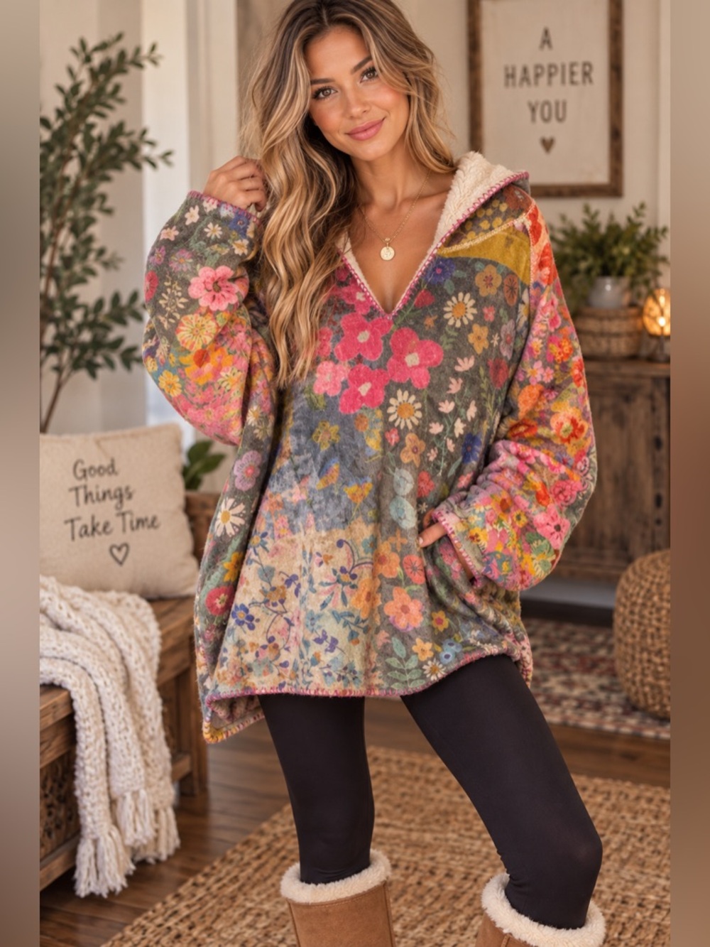 NATURAL LIFE Multicolor Floral Sherpa-Lined Hoodie Sweatshirt